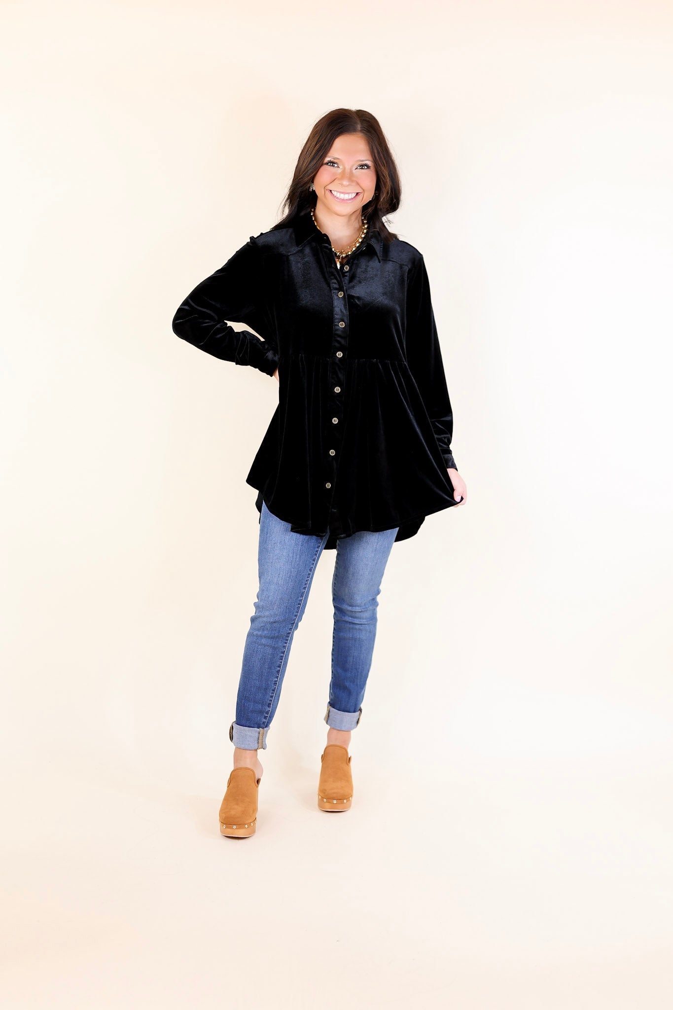 Premium Velvet Babydoll Tunic Top - Call Me Yours Black