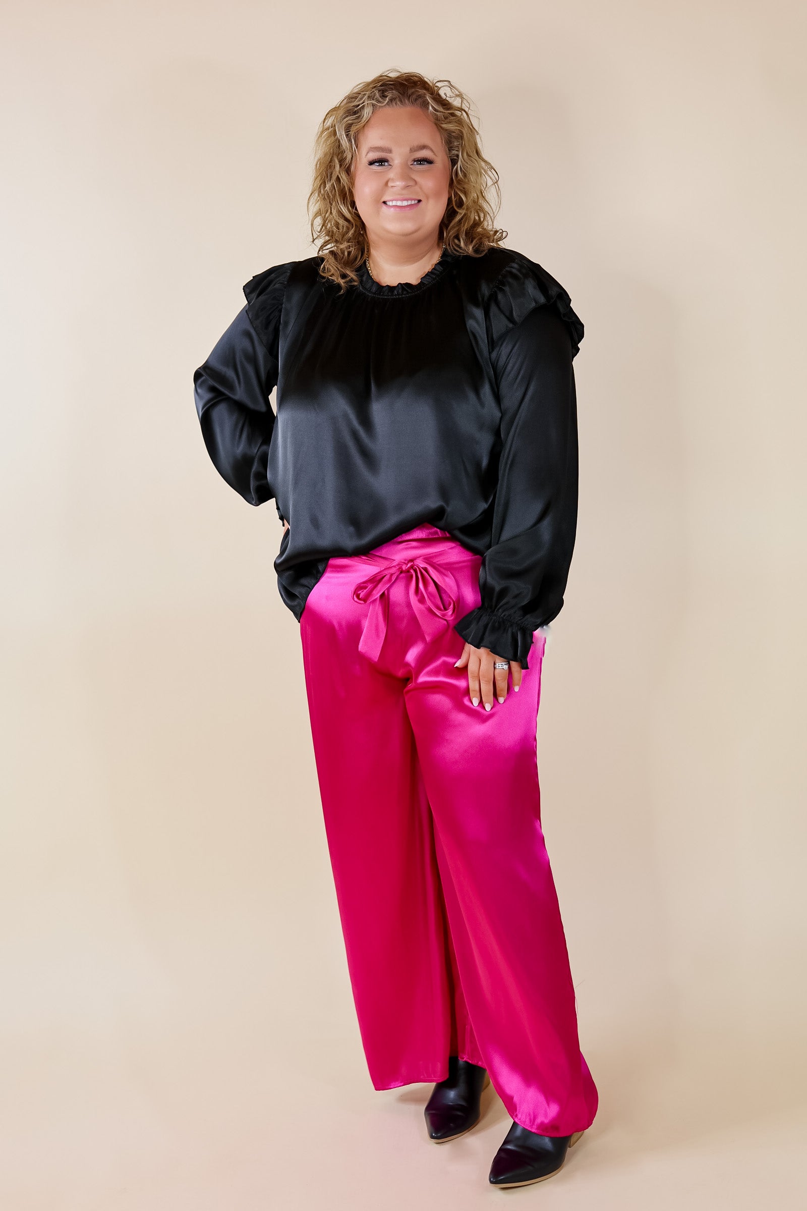 Premium Ruffle Mock Neck Satin Blouse - Ultimate Elegance in Black
