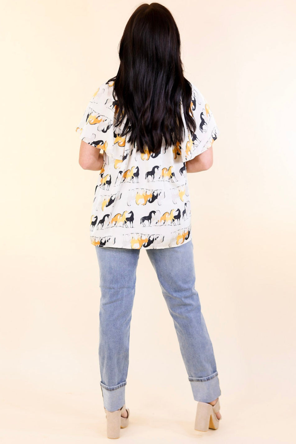 Premium Away We Go Ivory Horse Print Button-Up Shirt