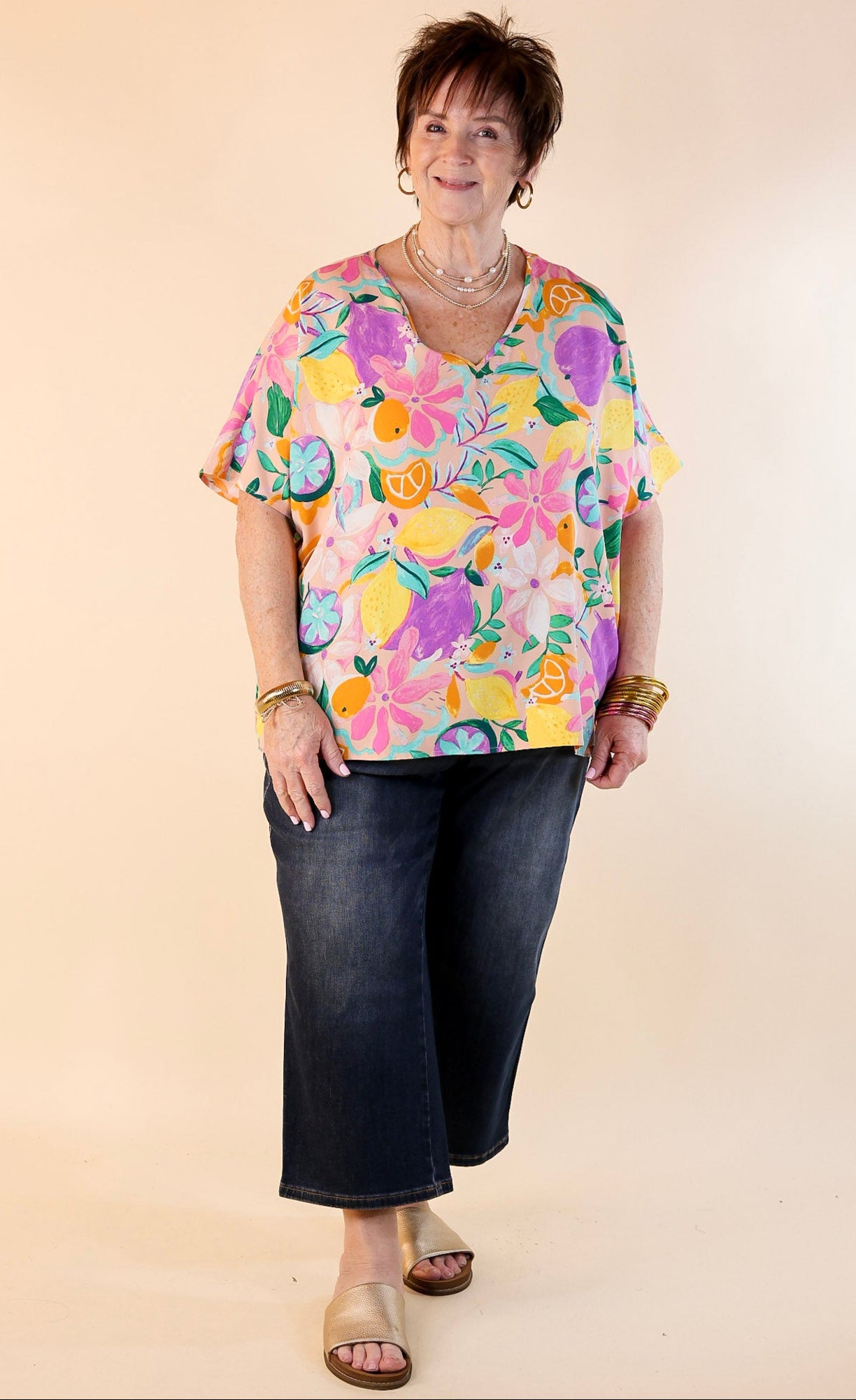 Premium V-Neck Fruit Print Poncho Top in Blush Pink | Ultimate Style Upgrade