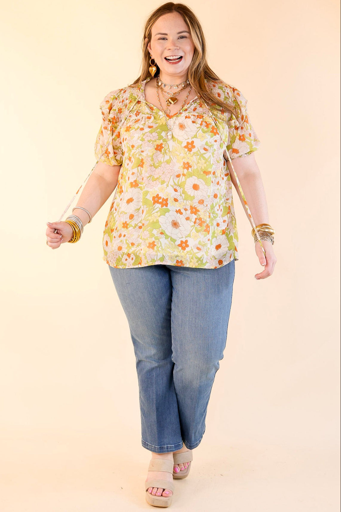 Premium Floral Keyhole Top - Ivory & Green Elegance
