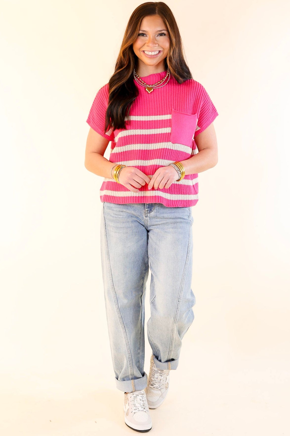 Premium Striped Cap Sleeve Sweater - Hot Pink | Ultimate Comfort & Style
