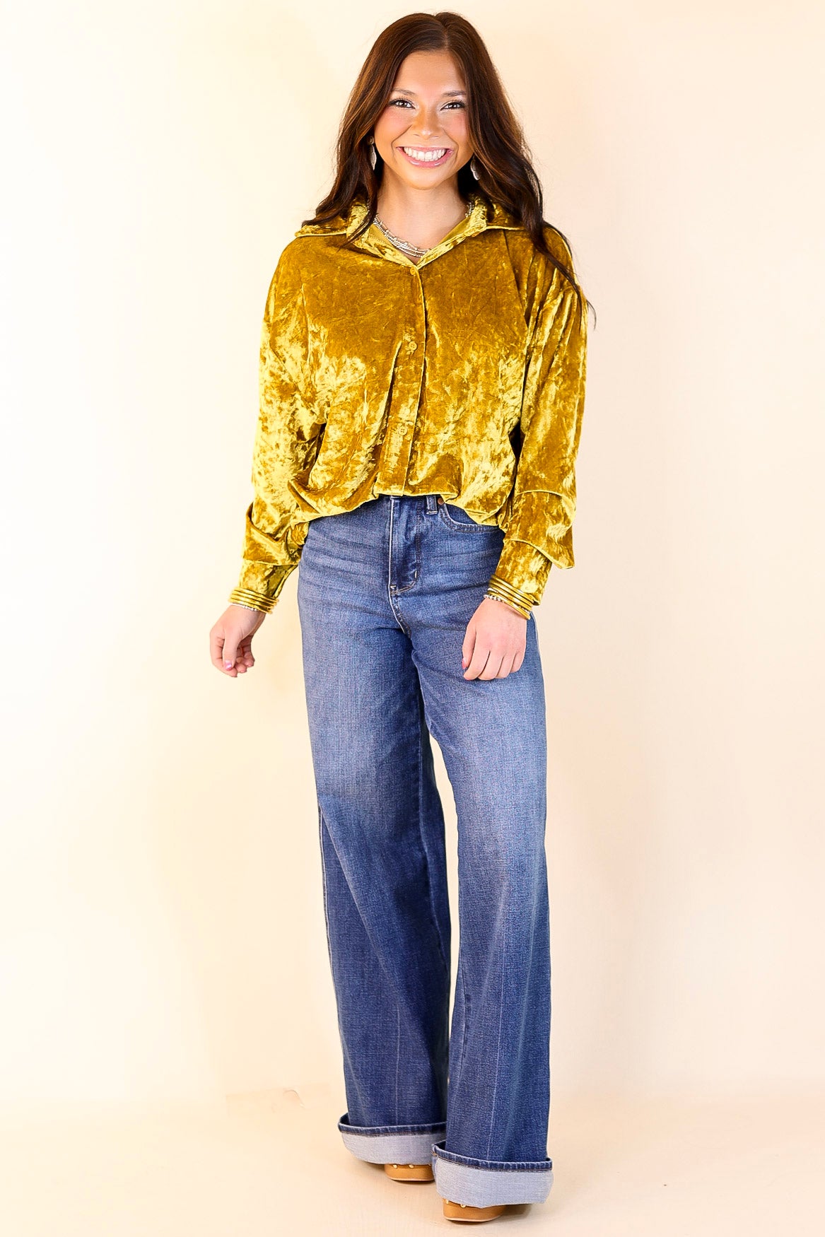 Premium Velvet Long Sleeve Button-Up Blouse in Mustard Yellow