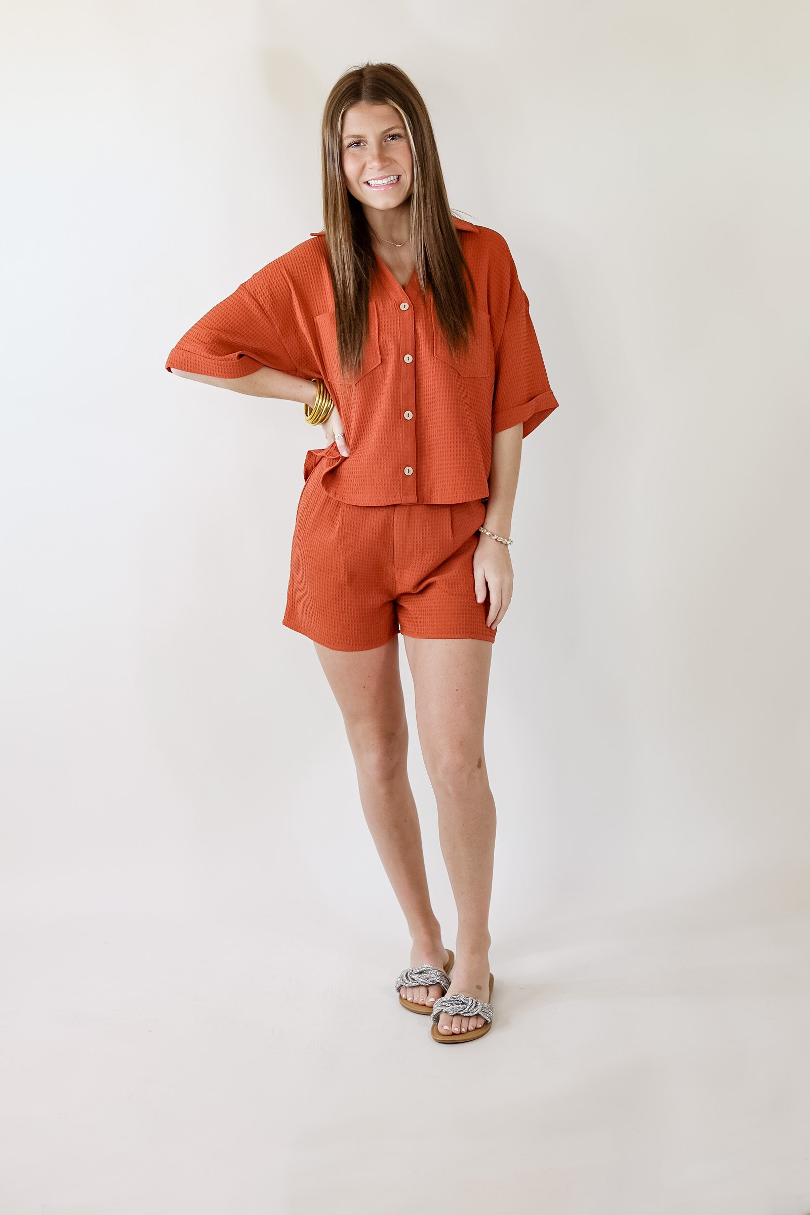Premium Waffle Weave Button-Up Top in Spice Brown | Ultimate Comfort & Style