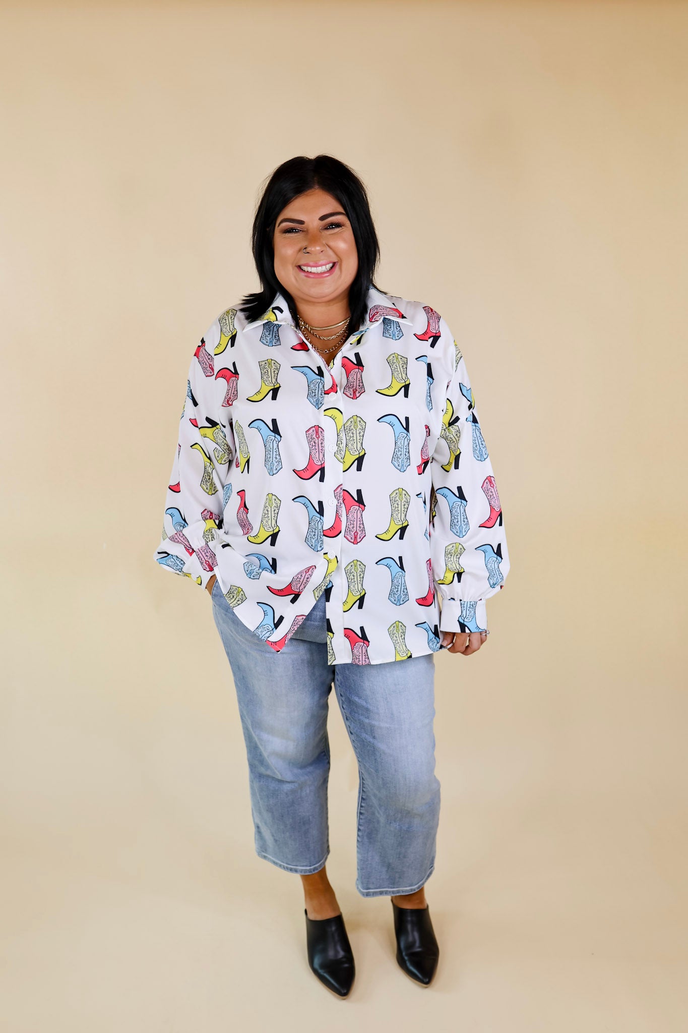 Ultimate Cowgirl Chic Button-Up Top - Multi-Color Boot Print in White