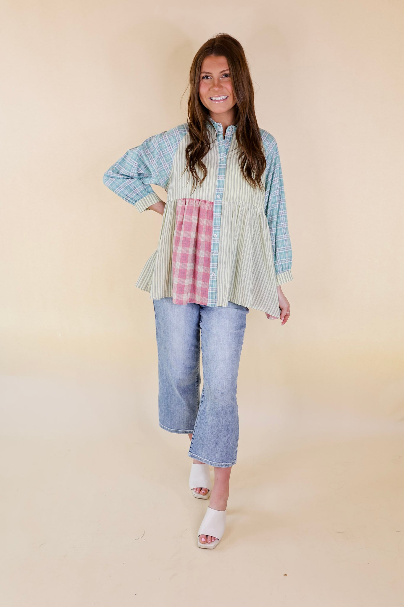 Premium Island Adventure Button-Up Babydoll Top in Green Mix Print