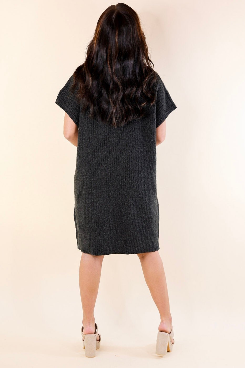 Premium City Sights Cap Sleeve Sweater Dress - Ultimate Charcoal Black