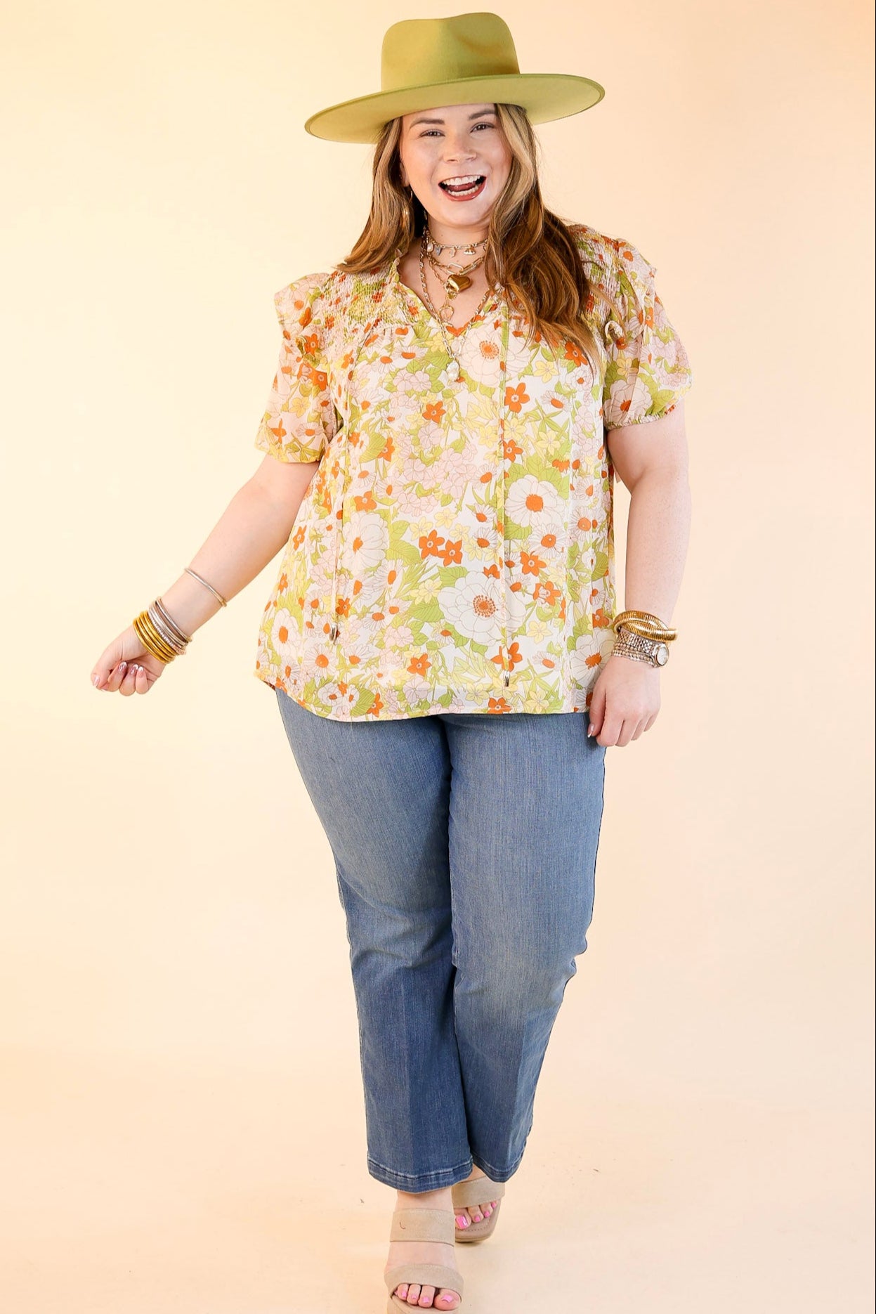 Premium Floral Keyhole Top - Ivory & Green Elegance