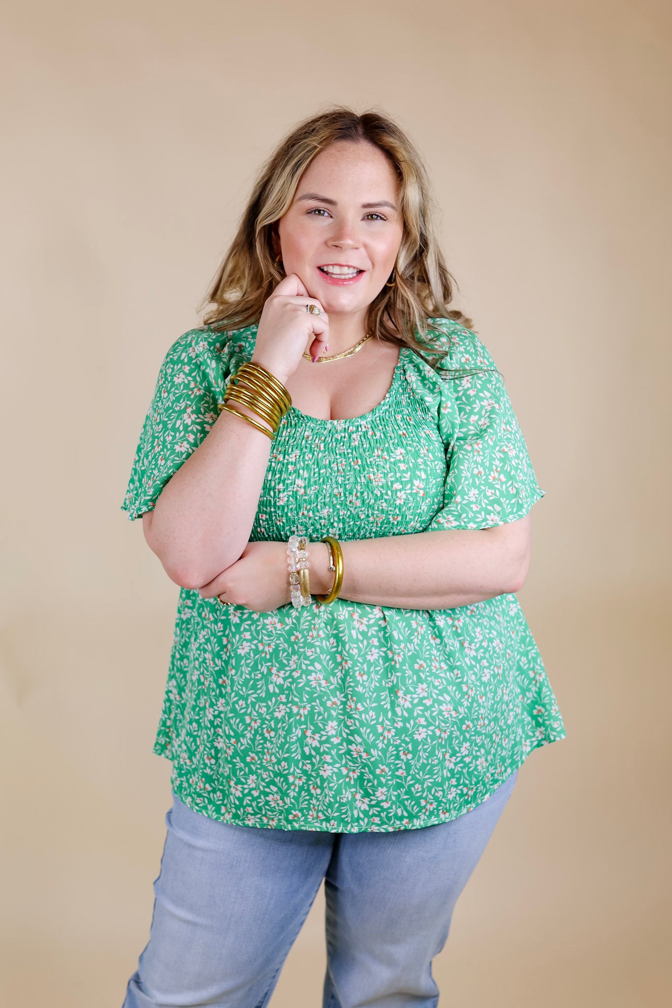 Premium Floral Smocked Top - Green Coastal Chic