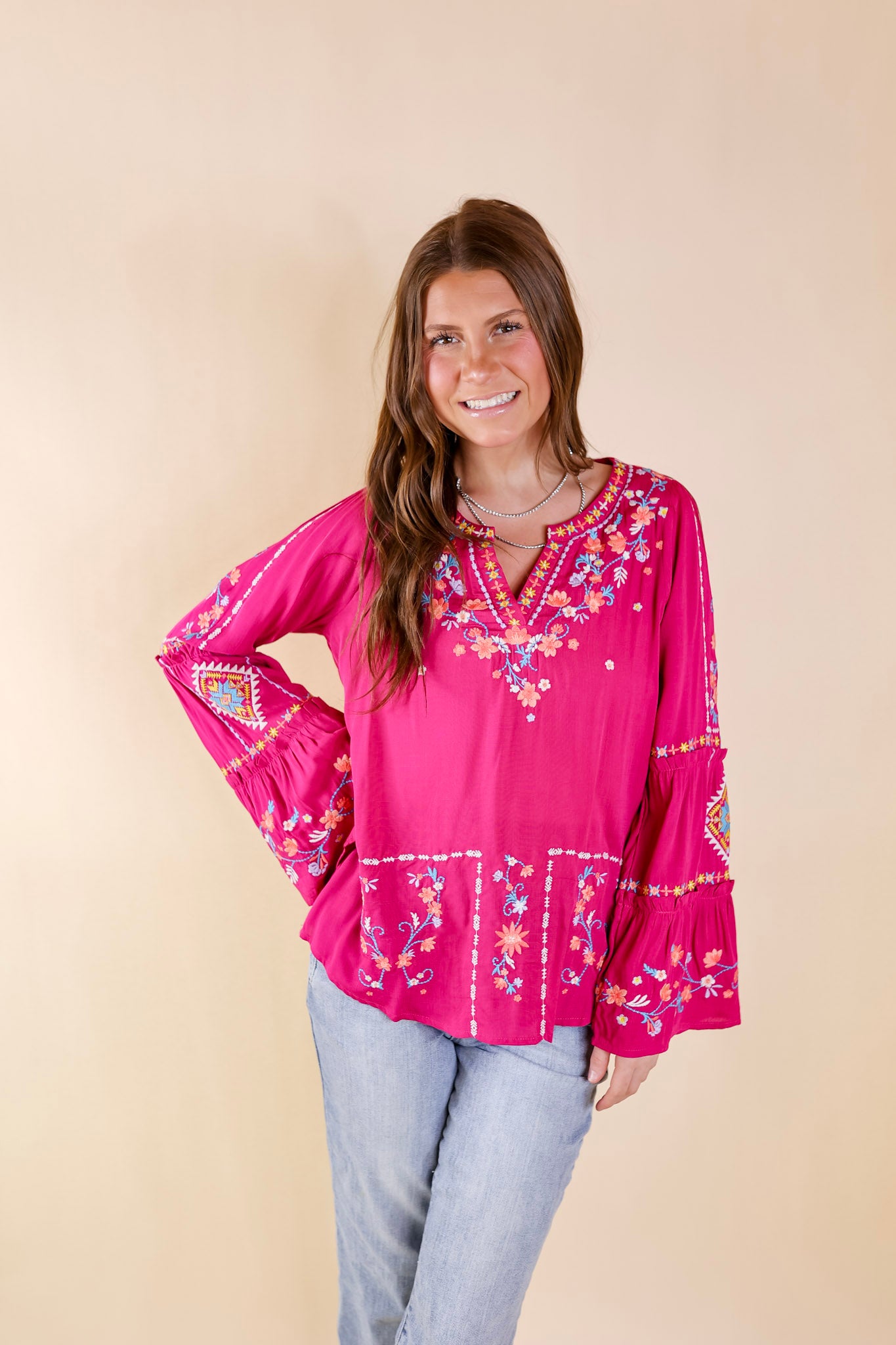 Premium Floral Embroidered Top - Long Bell Sleeves in Vibrant Magenta