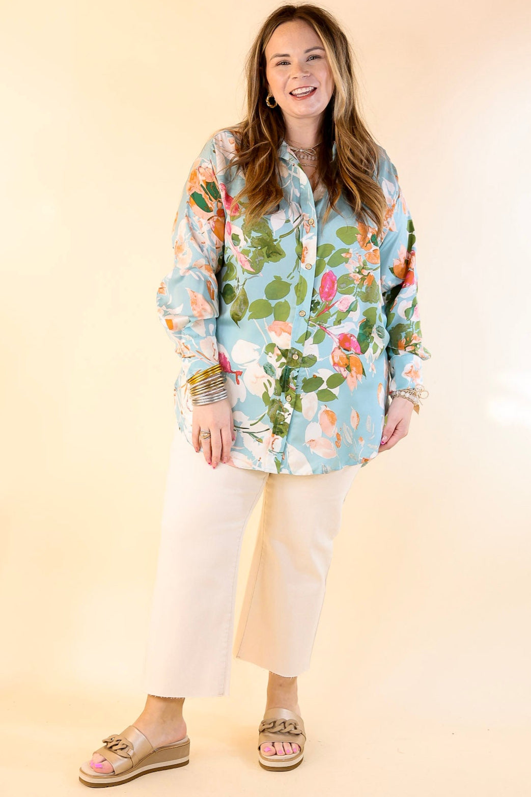 Premium Light Blue Floral Long Sleeve Button-Up Top – Spring & Summer Essential