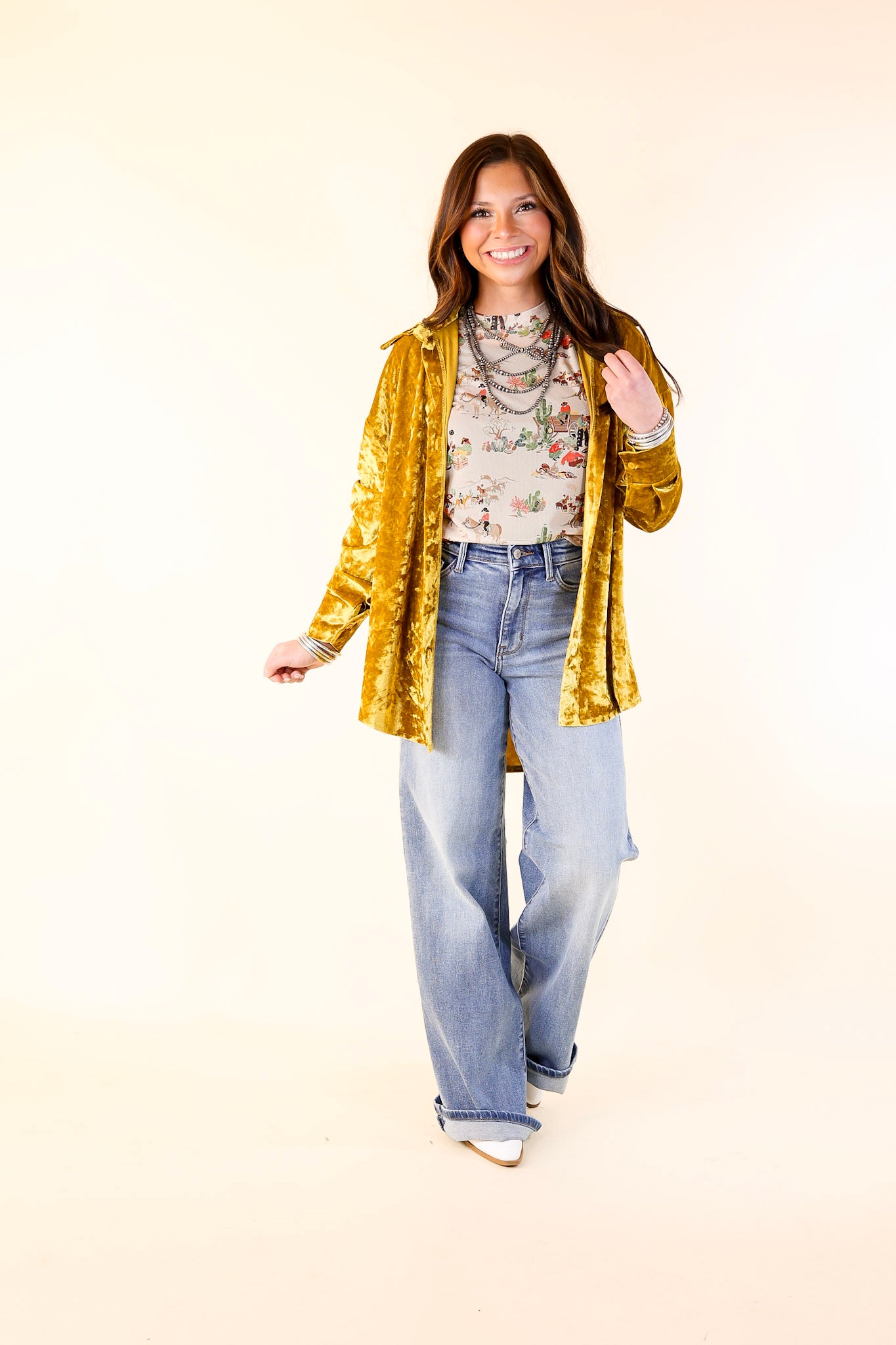 Premium Velvet Long Sleeve Button-Up Blouse in Mustard Yellow