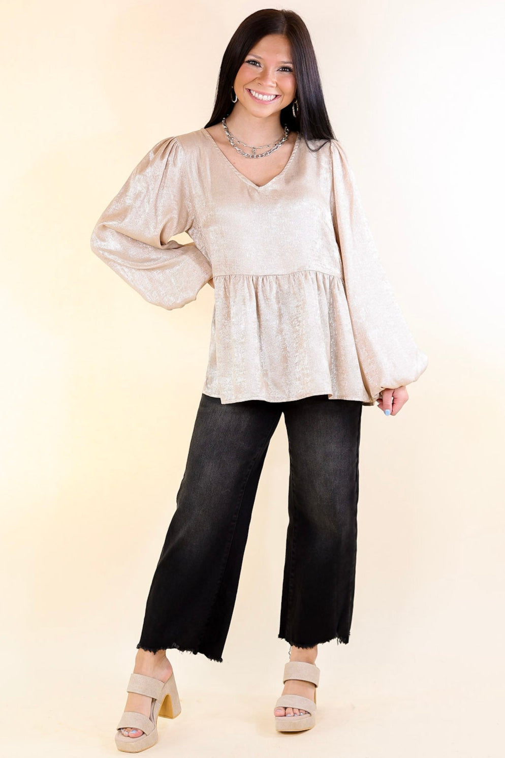 Premium Metallic V-Neck Peplum Top - Ultimate Fall Fashion